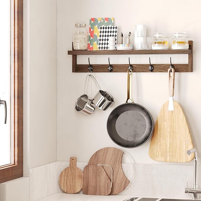 AMBIRD 28.9 Inch Length Shelf with Hooks Entryway Coat Rack Wall Mount Wood Coat Hooks with Shelf Wall-Mounted Coat Hook Rack with 5 Dual Hooks for Bathroom, Living Room, Bedroom (Brown)-Ruum Studio Home