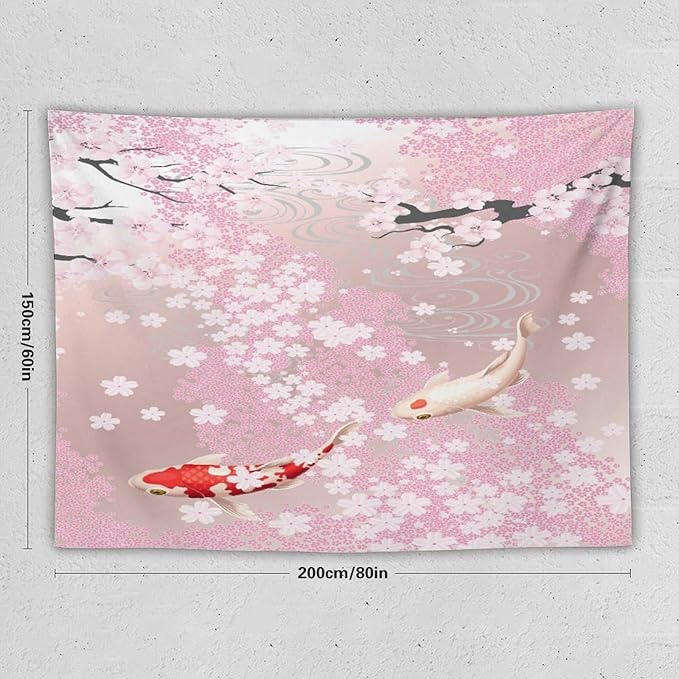 Houselerax Japanese Koi Fish Tapestry, Cherry Blossoms Asian Oriental Pink Flower Branch Koi Fish Carp Tapestries Wall Hanging for Bedroom Living Room Office Decor 80"x60"-Ruum Studio Home