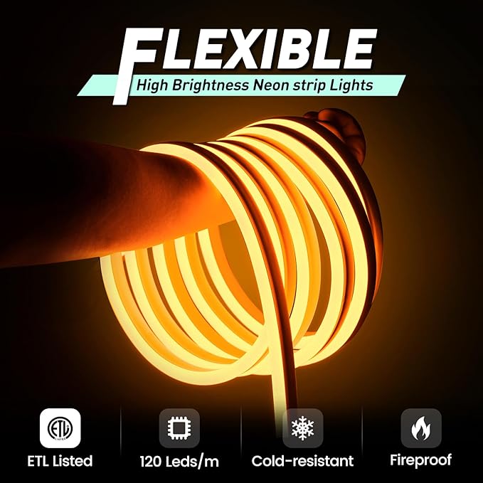 GZBtech Flexible LED Neon Rope Lights 16.4FT,AC 110-120V Waterproof Strip Light, 120LEDs/M Cuttable Connectable Neon Lighting for Indoor Outdoor Home Decor/Commercial Building Use-Amber 5M-Ruum Studio Home