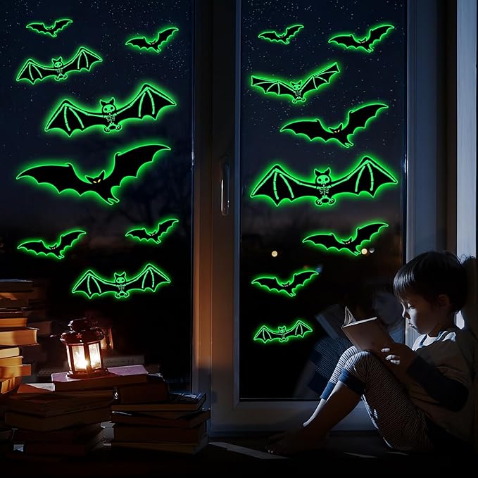 3 Sheets Glow in The Dark Halloween Skeleton Bat Decals Luminous Halloween Skeleton Bat Stickers Removable Bat Wall Decor Glowing Window Clings for Scary Halloween Theme Party Decorations-Ruum Studio Home