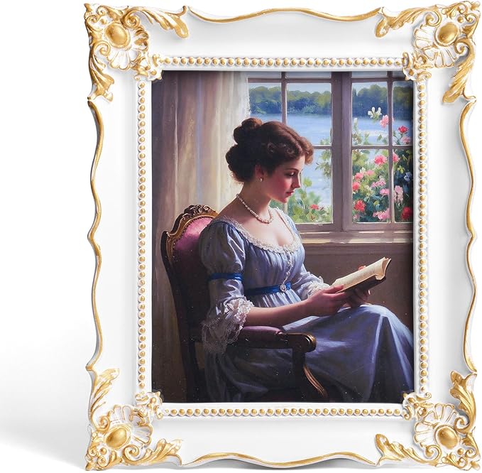 8x10 Vintage Picture Frame with Embossed Flower Design, White Ornate Frame for 8x10 or 5x7 Pictures with White Mat, Hand-Crafted Resin Antique Frames for Tabletop & Wall Hanging, Home Decor (White)-Ruum Studio Home