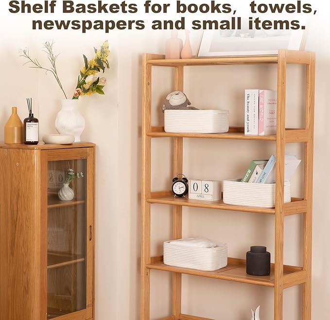 3 Pack Small Storage Baskets for Organizing, Cute Woven Decorative Gift Baskets for Shelves, Mini Closet Organizer Bins with Handles, 11.81''Lx7.87''Wx4.72''H-White-Ruum Studio Home