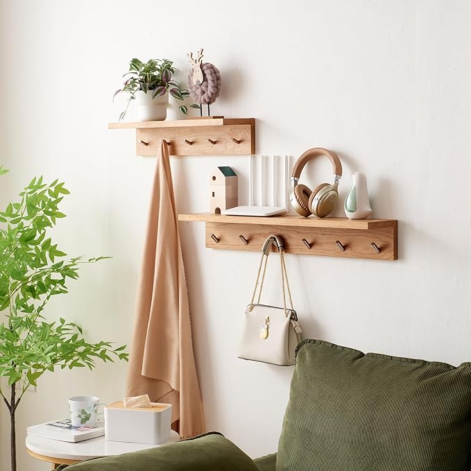 Oak Wood Wall Shelf with 6 Hooks, Entryway Shelf Coat Rack with Hooks Floating Shelves with Hooks for Clothes Hats Towel Purse Robes, Bathroom Mudroom Bedroom (27.5 inch)-Ruum Studio Home