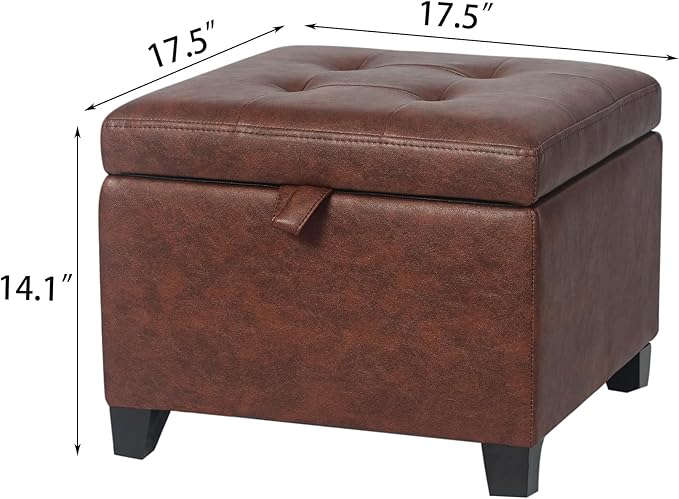 Adeco Faux Leather Storage Ottoman Bench with Wood Legs, 17.7" Square Red and Brown PU Cube Foot Stool, Upholstered Button Tufted Vanity Chair with Hinged Lid for Living Room, Bedroom, Dorm-Ruum Studio Home