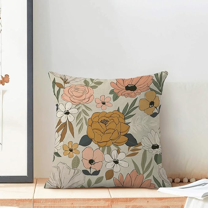 CXMEIFLY Spring Floral Pillow Covers 18 x 18 Inch Set of 2 for Vintage Mustard Yellow Pink Flowers Decor Throw Pillows Plant Cream Outdoor Decorative Cushion Cases for Couch Bed Decorations-Ruum Studio Home