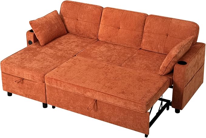 84 Inches Chenille Sectional Sofa w/Pull-Out Sofa Bed & Adjustable Back, Tufted L-Shaped Couch w/Storage Chaise, Sleeper Sectional Sofa w/USB Port & Cup Holders for Living Room, Orange-Ruum Studio Home