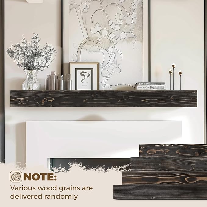 60x8x3 Fireplace Mantel - Handcrafted Hollow Rustic Solid Wood Wall Mounted Floating Shelf with Invisible Heavy Duty Wood Bracket (Weathered Black)-Ruum Studio Home