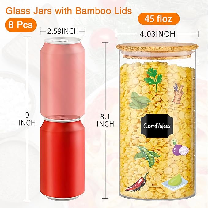 Glass Storage Jars 45 oz 4 Pcs Clear Glass Food Storage Containers with Airtight Bamboo Lid Stackable Kitchen Canisters for Candy, Cookie, Rice, Sugar, Flour, Pasta, Nuts-Ruum Studio Home