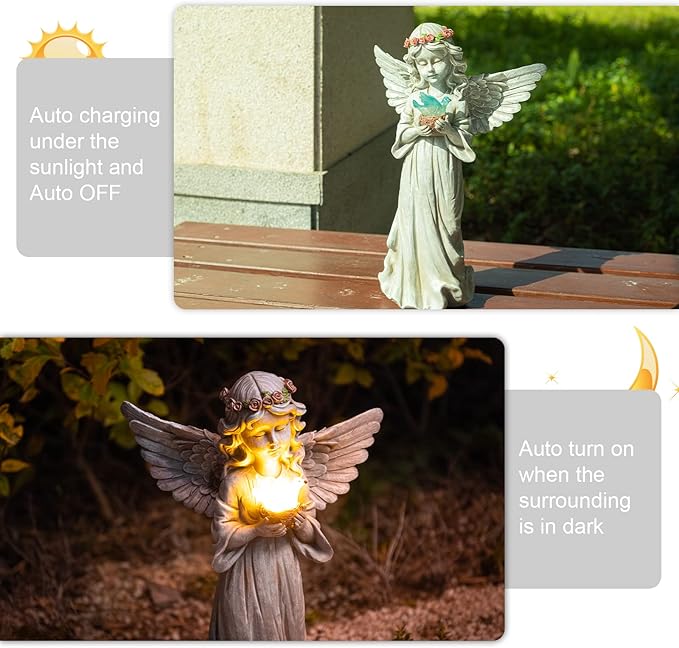 Angel Garden Statue Outdoor Decor, Angel Garden Figurine Hold Dove with Solar Lights Waterproof Resin Yard Art Decoration Lawn Ornament Sculpture for Outside Patio Yard Gift-Ruum Studio Home