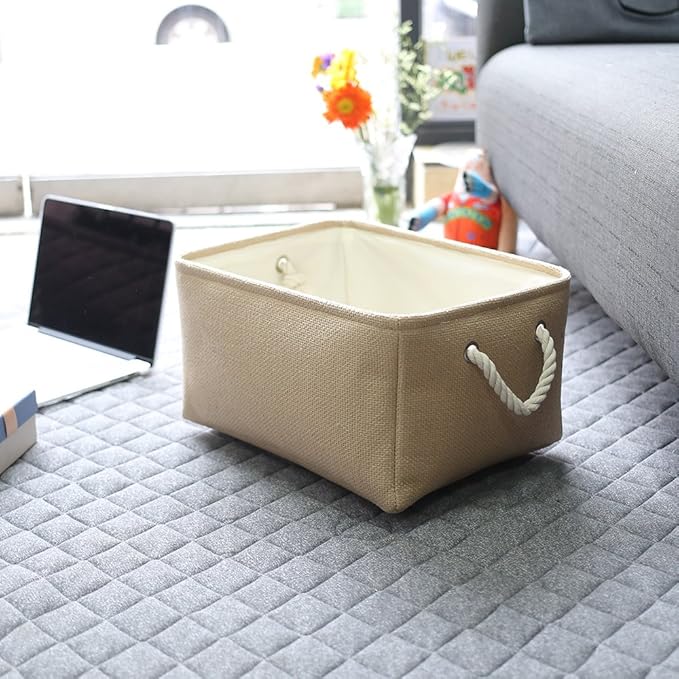 TheWarmHome Decorative Basket Rectangular Small Storage Basket Fabric Storage Bin Organizer Basket with Handles for Clothes Storage (Beige, 11.8L×7.9W×5.2H inch)-Ruum Studio Home