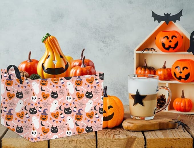 HIYAGON Rectangular Halloween Basket for Boys and Girls Kids Trick or Treat Pumpkin Basket for Halloween Parties Cute Storage Bin Organizer Box Room Decor(Pink Halloween)-Ruum Studio Home