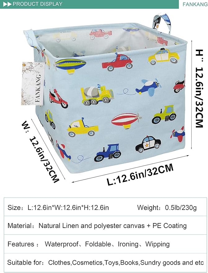 FANKANG Square Nursery Hamper Storage Bins Canvas Laundry Basket Foldable with Waterproof PE Coating Storage Baskets Gift Baskets for Children, Office, Bedroom, Clothes（Square-Car ）-Ruum Studio Home