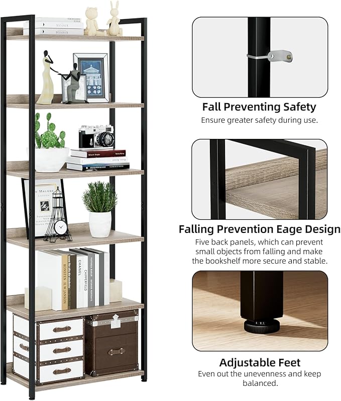NUMENN Bookshelf, 6 Tier Bookshelves, Home Office Bookcase Shelf Storage Organizer, Free Standing Storage Shelving Unit for Bedroom, Living Room and Home Office, Grey-Ruum Studio Home
