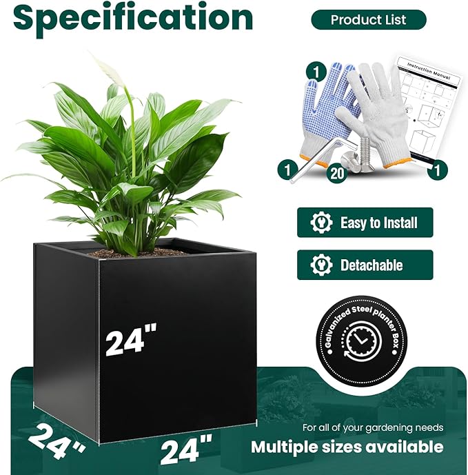 Galvanized Steel Planter Box Black Metal Planter Large Square Indoor Outdoor Planters Cube Steel Heavy Duty Flower Pot 24Inch Powder Coating Modern Commercial Residential for Patio, Deck, Yard, Garden-Ruum Studio Home