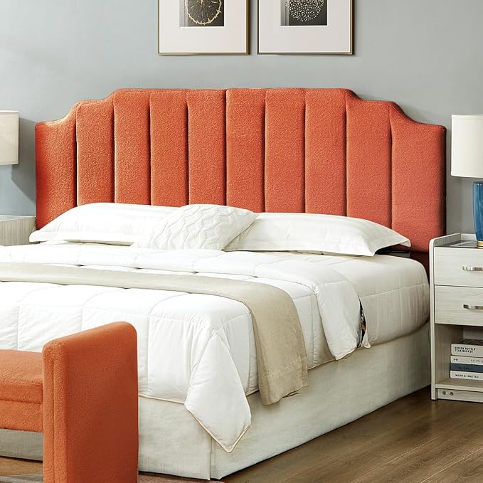 24KF Orange Teddy Fabric Tufted King Upholstered Headboard, Modern Vertical Channel Design California King Headboard with Stepped Silhouette Top Edge,6026-K-Teddy Orange-Ruum Studio Home