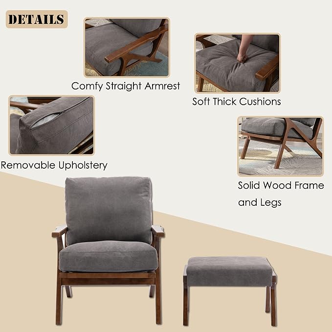 chairus 2 Sets Mid-Century Modern Accent Chairs with Ottoman, Linen Fabric Armchair with Wood Legs Comfy Upholstered Single Sofa Chair for Living Room/Bedroom/Lounge, Grey-Ruum Studio Home