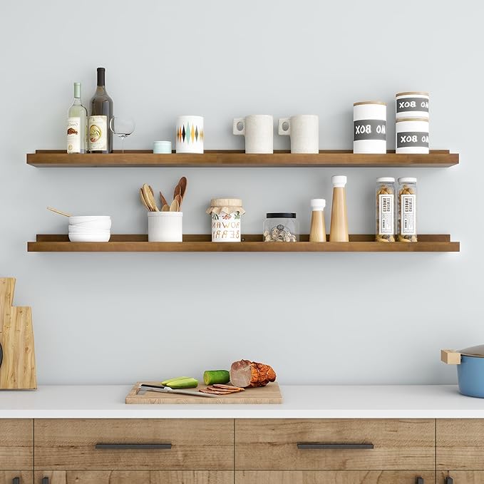 Picture Ledge Wall Shelves 48 inch Width Set of 2, Solid Pine Wood Rustic Floating Ledge Shelves for Wall for Kids' Room Bedroom Kitchen Bathroom Living Room Nursery Display Wall Decor, Walnut-Ruum Studio Home