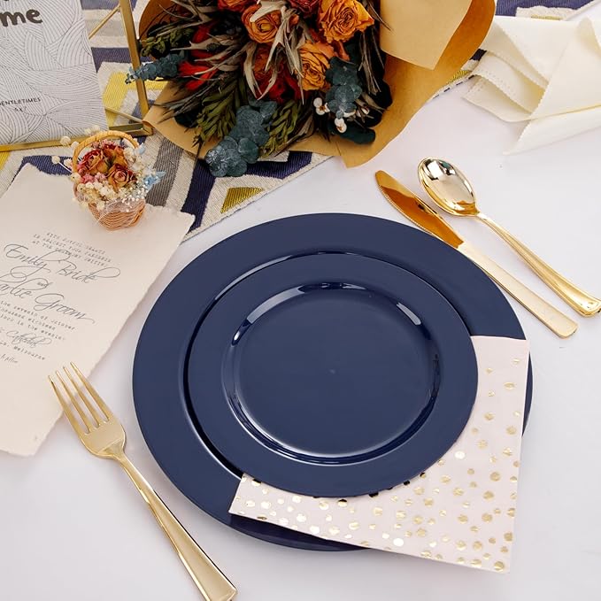 FLOWERCAT 60PCS Blue Plastic Plates - Heavy Duty Blue Plates Disposable (10.25" & 7.5") - serve for 30guest Birthday Party/Wedding/Father's Day/Memorial Day/Graduation-Ruum Studio Home
