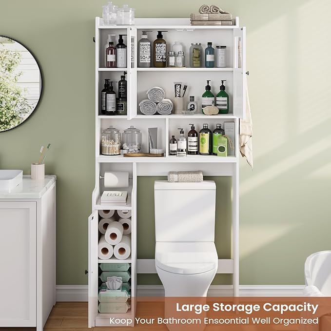 Itaar Over The Toilet Storage Cabinet, Over Toilet Bathroom Organizer with Glass Doors & Toilet Paper Holder Stand, Home Space-Saving Toilet Rack, for Bathroom, Restroom, Laundry(White)-Ruum Studio Home