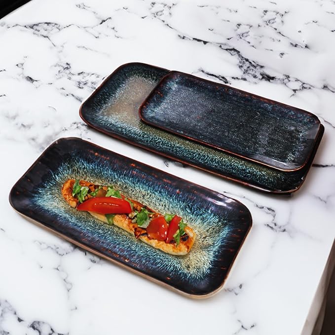 Porcelain Dinner Plates Platters Set of 2, for Fruit, dessert, snack platter, Bread, cupcake, Salad - Microwave, Dishwasher Safe, Scratch Resistant durable, Black Reactive glaze-Ruum Studio Home