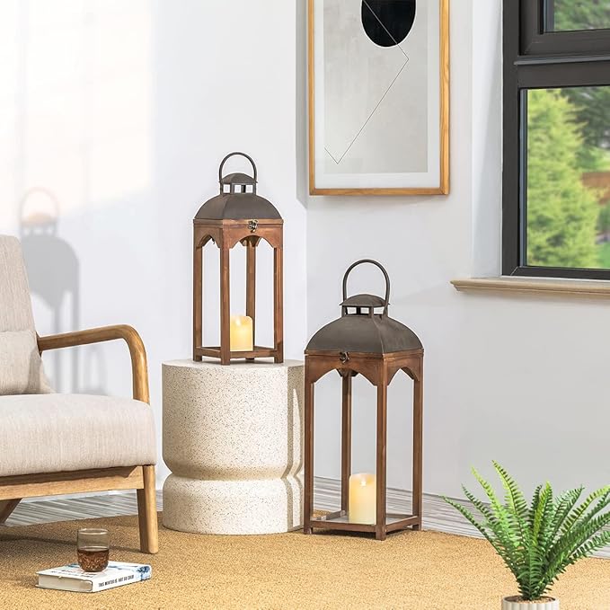 Glitzhome Set of 2 Mondern Farmhouse Wooden Lantern Hanging Decorative Candle Lanterns for Outdoor & Indoor Brown (No Glass)-Ruum Studio Home