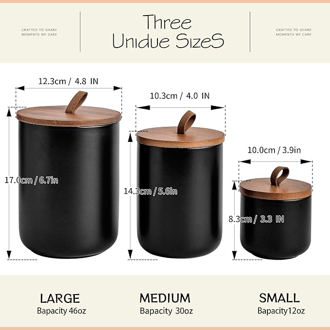 Black Ceramic Canister Set with Bamboo Lids, 3-Piece Airtight Food Storage Jars for Kitchen - Flour, Sugar, Coffee, Tea, Spice - Small, Medium, Large Sizes-Ruum Studio Home