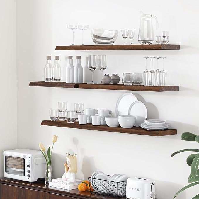 Floating Shelves for Wall, 55"x9.3" Rustic Solid Live-Edge Elm Wood Wall Shelves, Heavy-Duty Floating Shelves with Invisible Brackets, Set of 2 for Living Room, Bedroom, and Kitchen, Walnut Finish-Ruum Studio Home