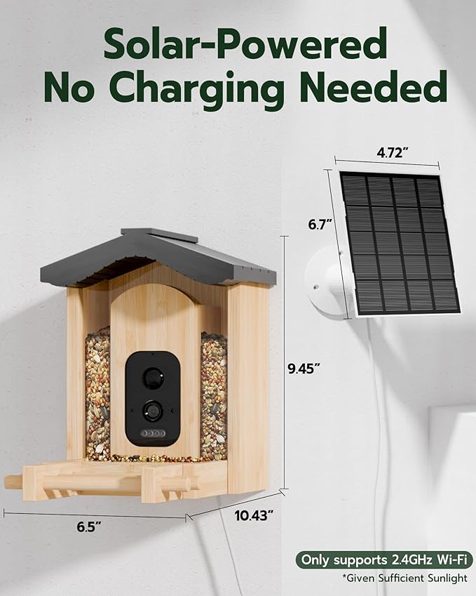 Bird Feeder with Camera, Smart Bird Feeder for Outdoors, Wild Birds Feeders with Solar Panel Bamboo Birds House Camera for Birdlovers, AI Auto Capture Birds & Real-time Notification (Gable)-Ruum Studio Home