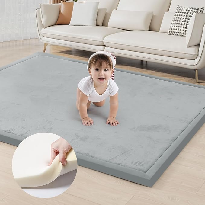 ACOMOPACK Baby Play Mat for Floor 1.3" Thick Memory Foam Play Mat 79"×118" Tummy Time Crawling with Non-Slip Bottom for Living Room,Nursery,Soft Velvet Playpen Mats for Kids,Infants（Light Grey）-Ruum Studio Home