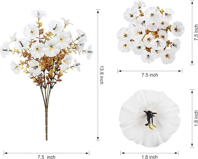 Fake Mums Artificial Fall Flowers Fake Plants for Outdoors Autumn Decor, 12 Bundles White Silk Morning Glory with Eucalyptus Look Real UV Resistant Faux Flowers for Outside Planters Front Door Yard-Ruum Studio Home