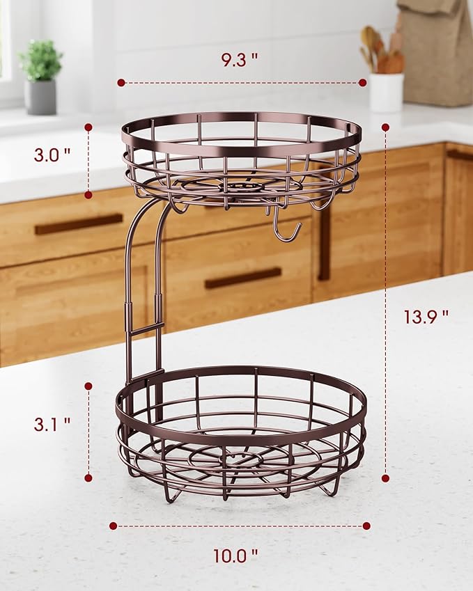 Fruit Basket for Kitchen Counter - 2-Tier Large Capacity Fruit Bowl with Detachable Banana Hanger, Rust-Proof Metal Fruit Holder for Vegetables, Bread, Toiletry,10" D x 10" W x 14" H, Brown.-Ruum Studio Home