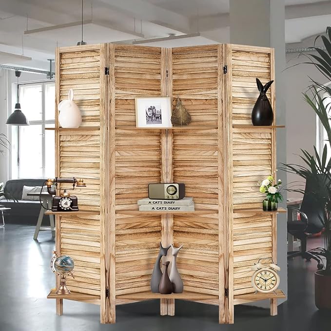 Room Divider with Shelves, Privacy Screen, Room Dividers and Folding Privacy Screens, 4 Panel Wood Temporary Wall Partition Separation Separator, Natural-Ruum Studio Home