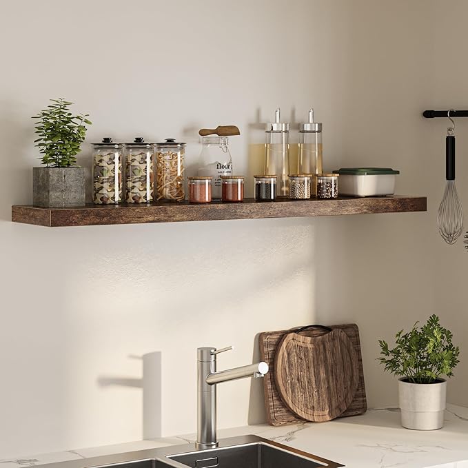 Floating Shelves for Wall, 55"W x 9.3"D x 1.5"H, Long Wooden Wall Mounted Display Shelf with Invisible Brackets for Living Room, Bedroom, Bathroom, Kitchen Decor & Storage,Set of 1,Rustic Brown-Ruum Studio Home