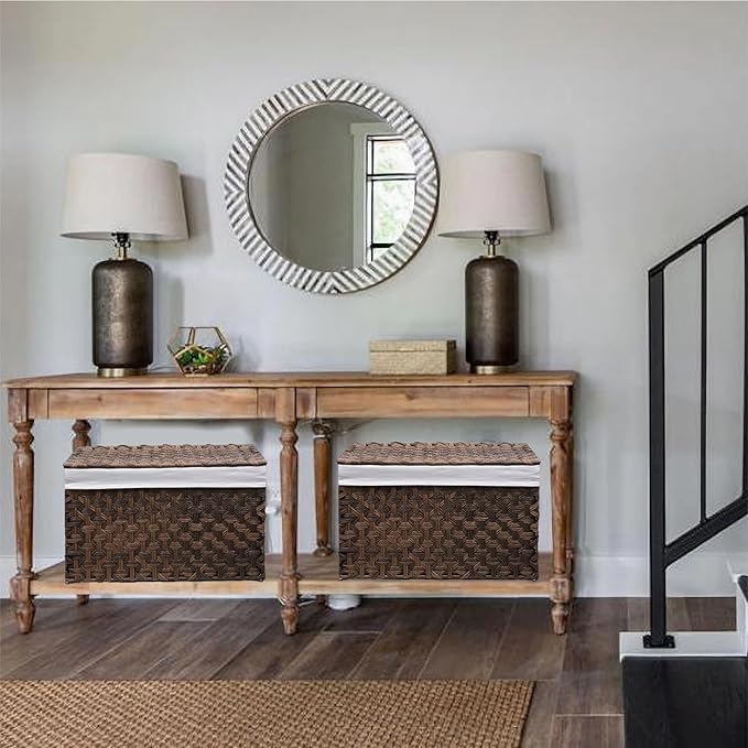 Wicker Storage Basket with Lid, 17.2 Gallon (65L) Small Blanket Basket with Lid, Woven Storage Bin with Handles, Removable Liner, Metal Frame, Foldable, for Bedroom, Laundry Room, Brown-Ruum Studio Home