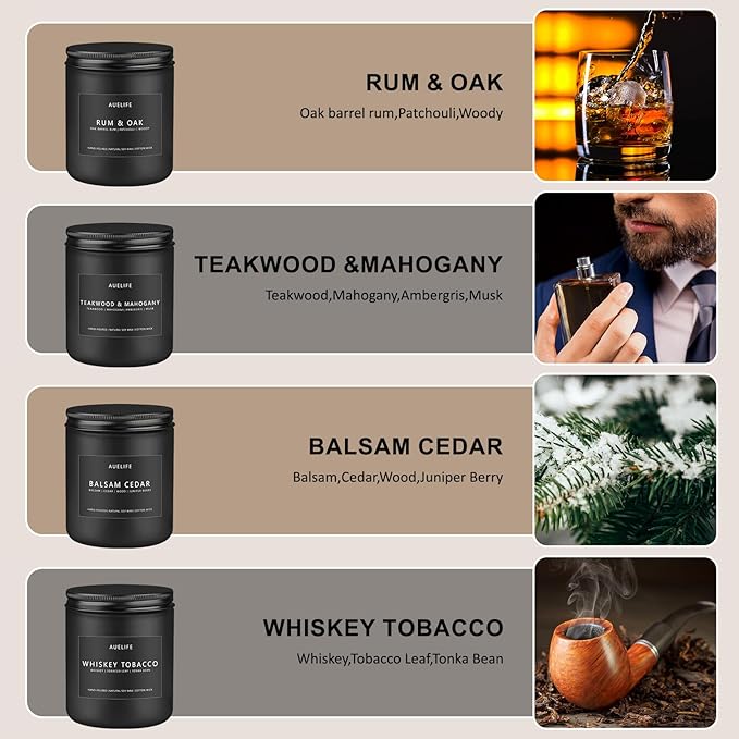 Scented Candles Set | Candle Gifts for Men - Masculine Candle, Soy Candles for Home Scented - 4 Pack Aromatherapy Gift for Dad Fathers Day- Scent of Teakwood & Mahogany/Whiskey Tobacco/Rum & Oak/Cedar-Ruum Studio Home