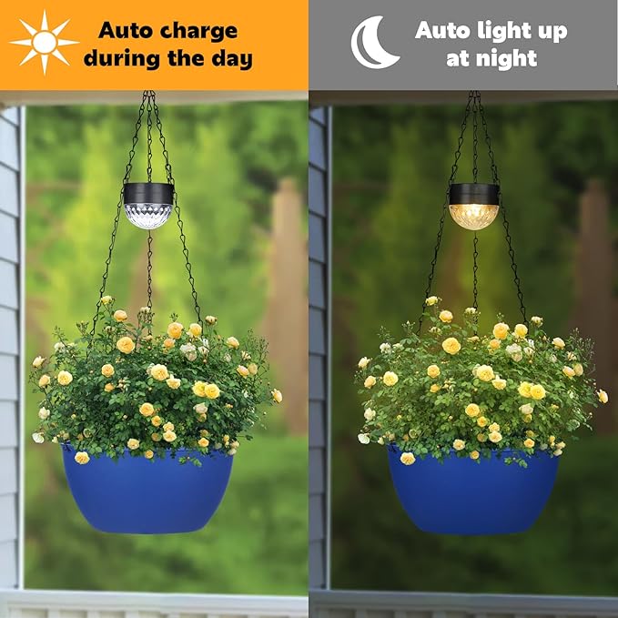 2 Packs Hanging Planters Basket for Outdoor Plants, Solar Powered Self Watering Blue Round Plastic Flower Pots with Drainer for Balcony Patio Garden Outdoor Decoration-Ruum Studio Home