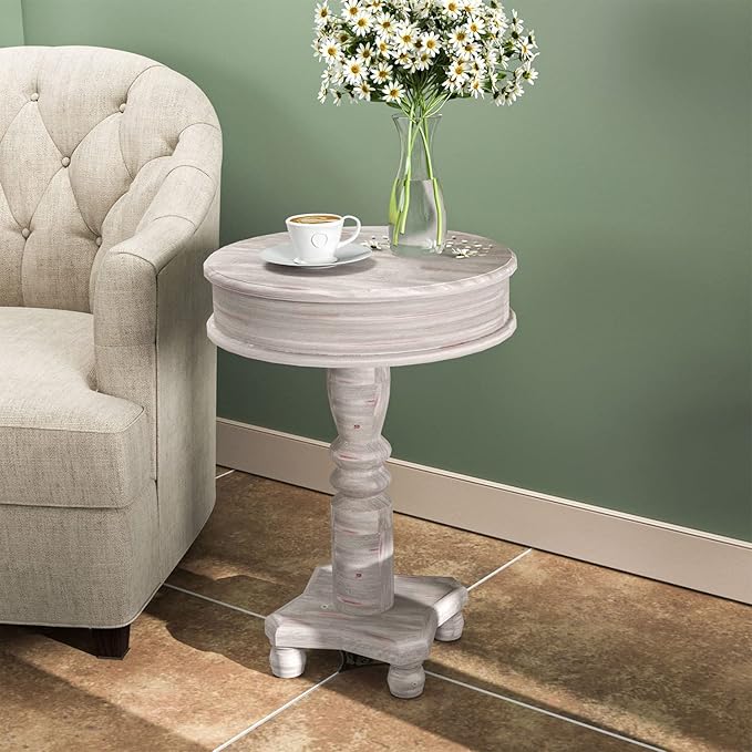 COSIEST Rustic Accent Side Table, Farmhouse Wood Pedestal Table Round End Table for Living Room, Bedroom, Distressed Whitewash Finish, Grey Color-Ruum Studio Home