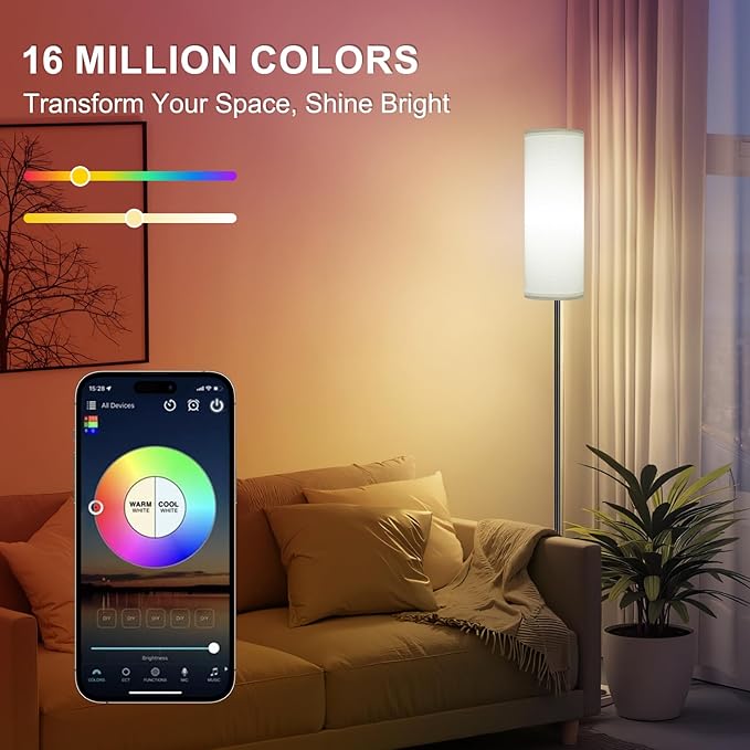 FRIDEKO HOME Floor Lamps for Living Room, Dimmable Colors Temperature & Brightness, Modern Floor Lamp Remote, Tall Standing Lamps for Kid Room Bedroom Office, White Lampshade 9W RGB Smart Bulb-Ruum Studio Home