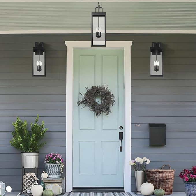 Large Outdoor Pendant Lantern Light Fixture for Front Porch, 24 Inch 3-Light Black Exterior Hanging Chandelier with Clear Glass, Outdoor Indoor Pendant Lamp for Patio, Gazebo, Entryway, Doorway-Ruum Studio Home