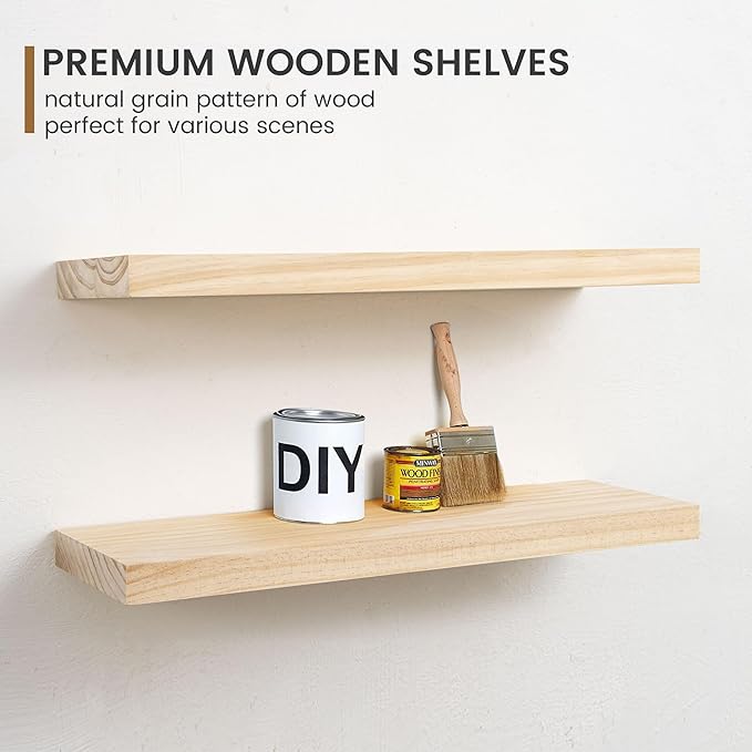 Fun Memories Farmhouse Floating Shelves - 8 Inch Deep Rustic Wood Wall Shelf - Premium Solid Pine Wood Storage Shelf for Kitchen Living Room Bedroom - 24" W x 8" D - Set of 2 - No Stain - Unfinished-Ruum Studio Home