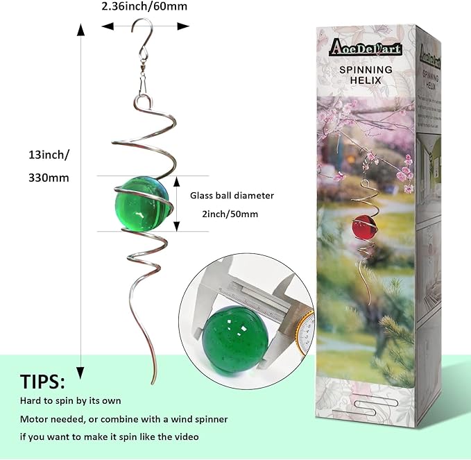 Wind Spinner Tail Gazing Ball Spiral Decorative Wind Spinner Sun Catcher 11inch Tail and 2 inch Glass Orb. Indoor Outdoor Garden Decoration Wind Sculptures-13 inch Height (Green)-Ruum Studio Home