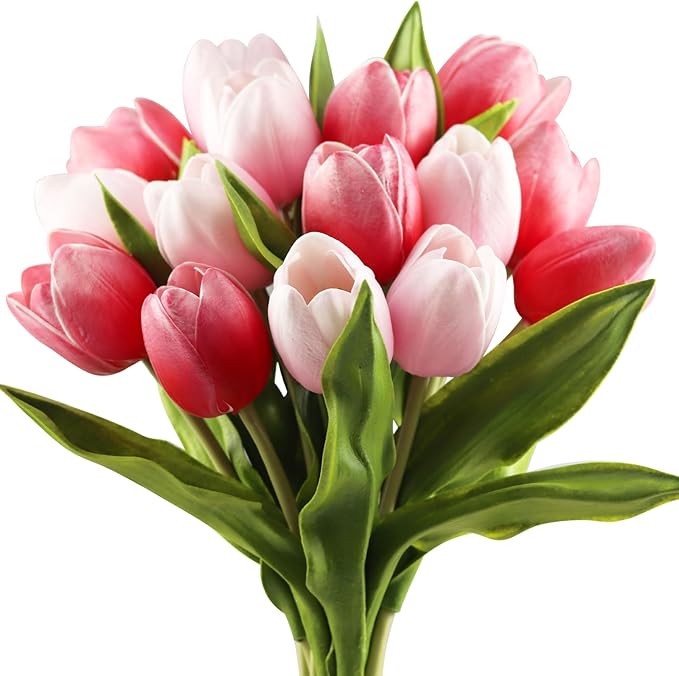 Buart Artificial Tulip in Bulk for Home Kitchen Wedding Bridal Bouquet,Fake Flowers for Valentine's Day Mother's Day Easter Table Centerpieces Decorations(Large Size,Multi Pink,Real-Touch,12pcs)-Ruum Studio Home