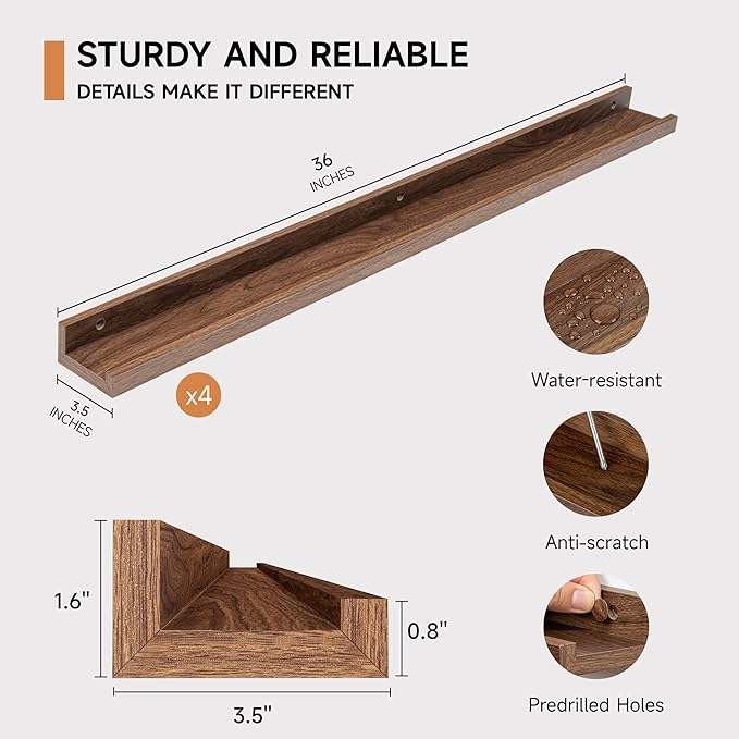Picture Ledge Shelf for Wall, Floating Shelves Set of 4, 36 Inch Long Nursery Book Shelves for Toys Storage, Kids Bookshelf Wall Mounted for Books Photo Frames, Walnut-Ruum Studio Home