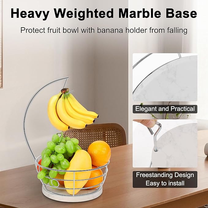 Livabber Countertop Fruit Basket Bowl with Banana Hanger, Modern Standing Fruit Vegetable Bowl Storage, with Banana Tree Holder for Kitchen Dinning Table (Round Marble, Chrome)-Ruum Studio Home