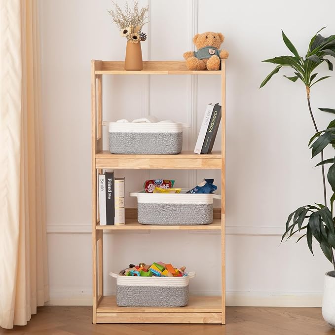 OIAHOMY 3 Pack Storage Baskets for Organizing, Woven Cotton Rope Basket for Shelves, Closet Organizer Bins with Handles, Rectangle Toy Organization, 13.78''×9.84''×5.5'', Grey & White-Ruum Studio Home