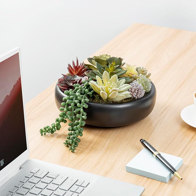 MyGift 8-Inch Artificial Succulent Plant Arrangement, Assorted Fake Plants in Modern Black Round Concrete Planter Bowl-Ruum Studio Home