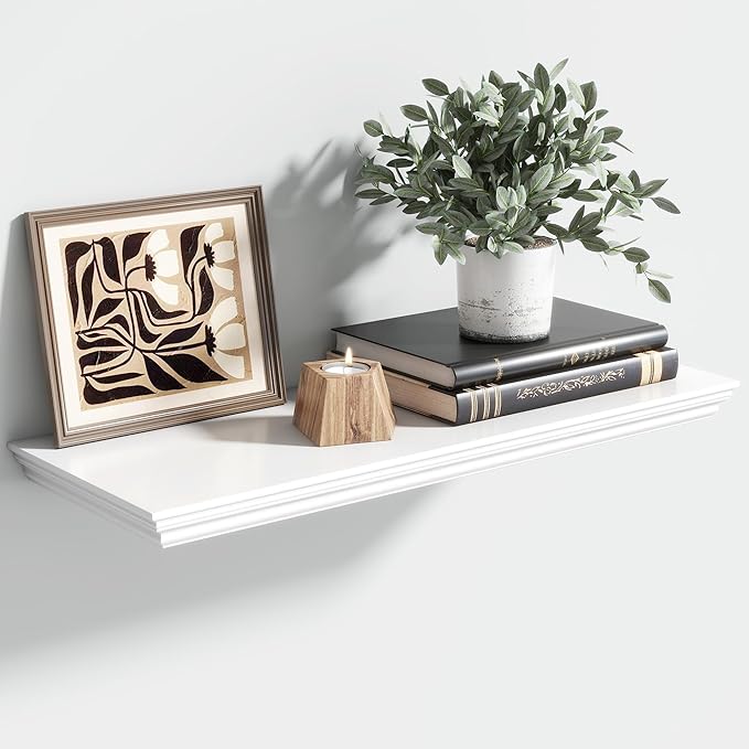 Floating Shelves for Wall, 24 Inch Long Wall Mounted White Hanging Shelf for Kitchen, Living Room, Office, Bedroom, Bathroom, Retro Vintage Wood Bookshelf for House Decor-Ruum Studio Home