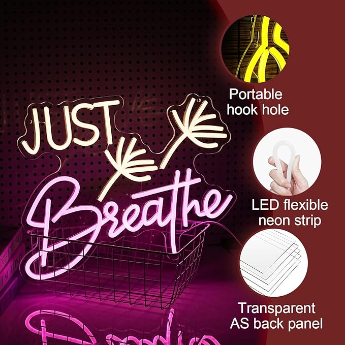 Just Breathe Neon Sign Dimmable Breathe Neon Signs Light Up Sign for Wall Decor LED Letters Neon Light by USB for Bedroom Yoga Studio Gym Reading Room(12.6 * 16.5In)-Ruum Studio Home