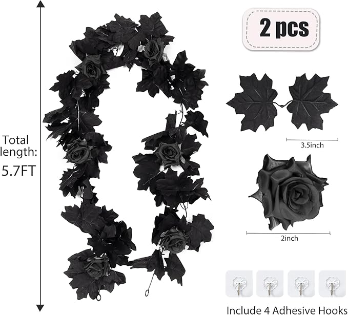 RECUTMS Black Artificial Flower Garland Fake Rose Vine Hanging Rose Vines Fall Maple Garland with Floral,Black Hanging Flowers for Gothic Wedding Decor Autumn Party Halloween Decor-Ruum Studio Home