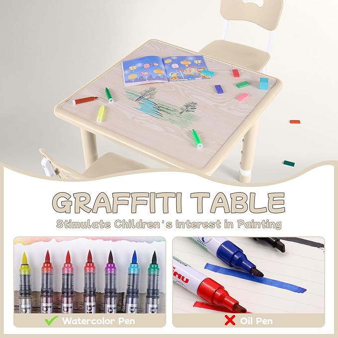 Toddler Table and Chair Set, Height Adjustable-Upgrade Kids Table and 2 Chairs for Ages 3-8, Multi-Activity Toddler Play Table with Graffiti Desktop for Home/Daycare/Classroom-Ruum Studio Home